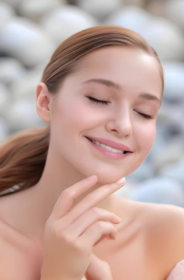 Woman with smooth skin touching her face against a blurred background