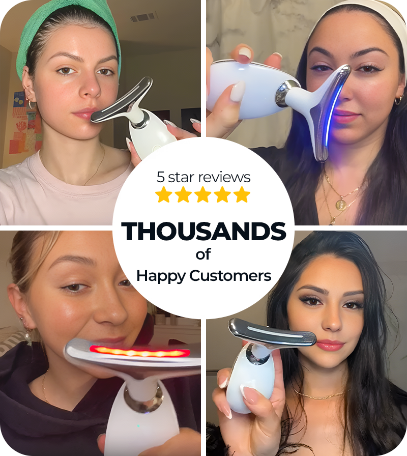 Collage of a woman using a skincare device with text highlighting customer satisfaction.